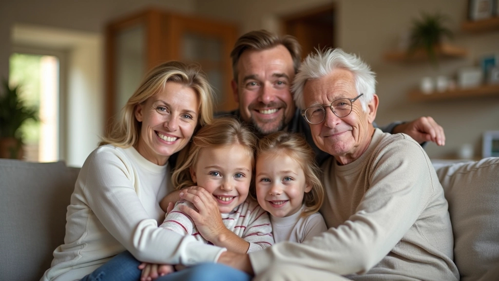 Famille multigénérationnelle dans un salon moderne, parents, enfants et grands-parents ensemble, espace résidentiel contemporain, lumière naturelle douce, ambiance chaleureuse et conviviale