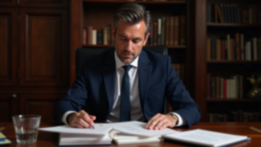 Notaire examinant des documents de transaction immobilière dans un bureau élégant