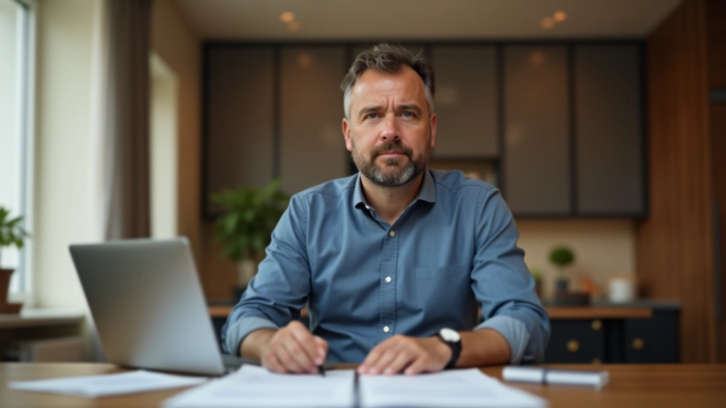 Homme d'âge mûr assis à son bureau à domicile, ordinateur portable devant lui, documents immobiliers et graphiques sur la table, environnement résidentiel confortable, lumière de fenêtre naturelle