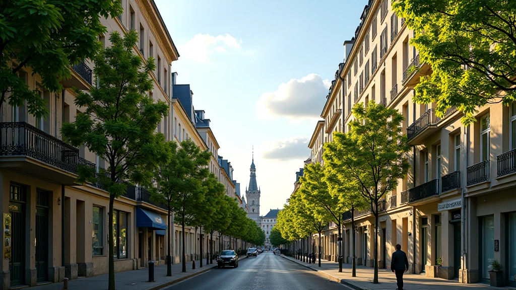 Photographie d'un quartier résidentiel établi avec immeubles de style haussmannien et modernes, rues pavées, arbres, représentant les zones secondaires