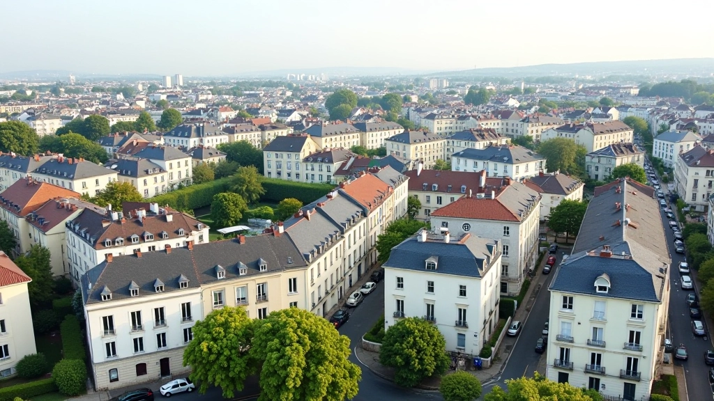 Vue aérienne d'un quartier résidentiel français avec différents types de bâtiments et d'architectures variées, représentant la diversité des marchés immobiliers régionaux
