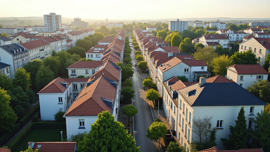 Vue aérienne d'un quartier résidentiel français avec maisons et immeubles typiques, architecture variée, paysage urbain et périurbain, lumière naturelle claire